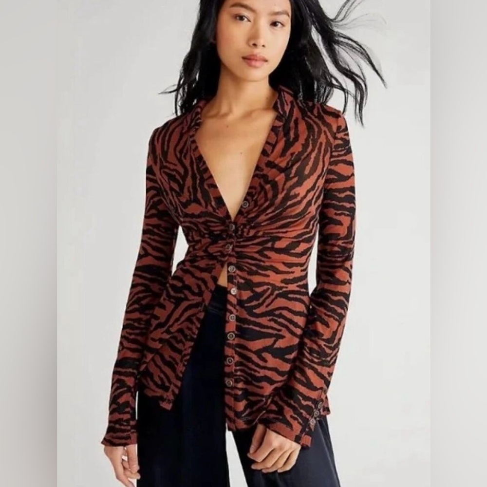 Free People Sheer Tiger Top Brown & Black
